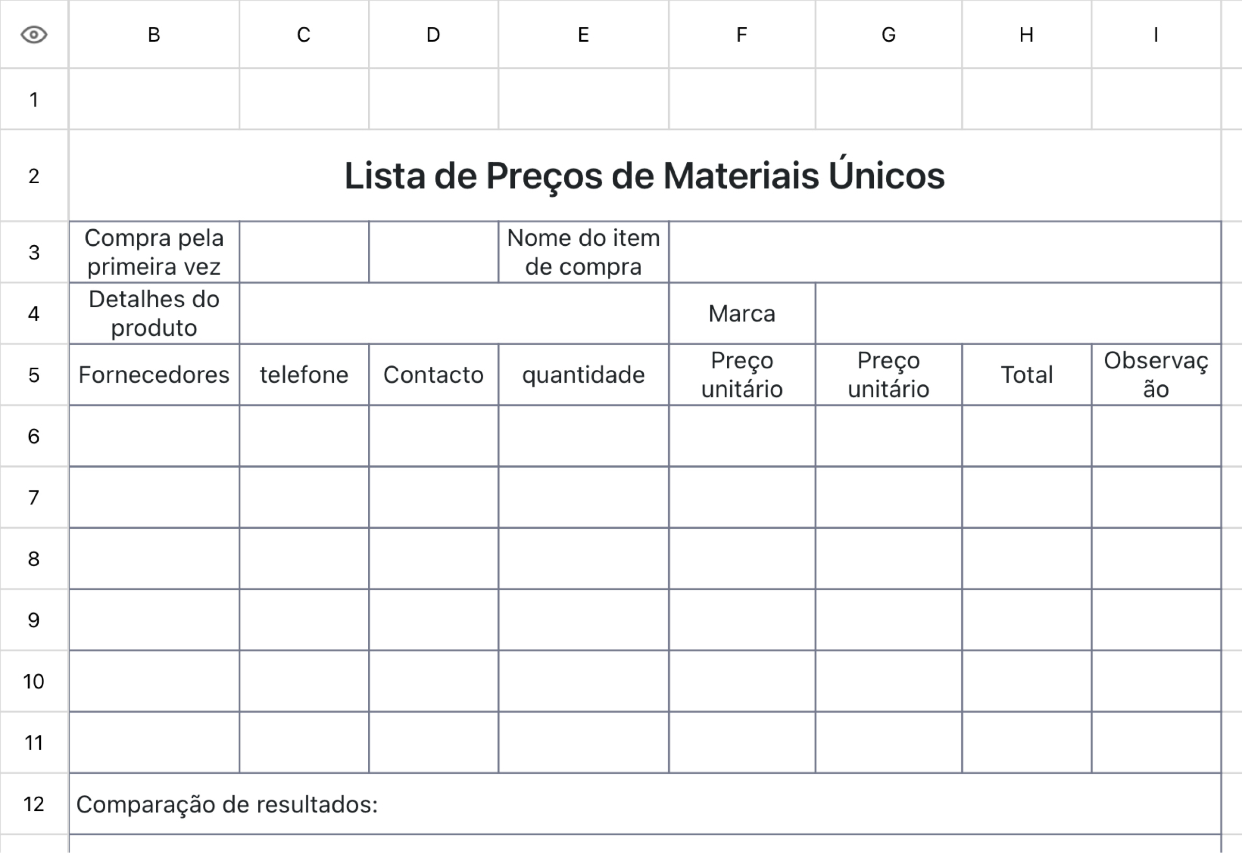 Lista de Preços de Materiais Únicos